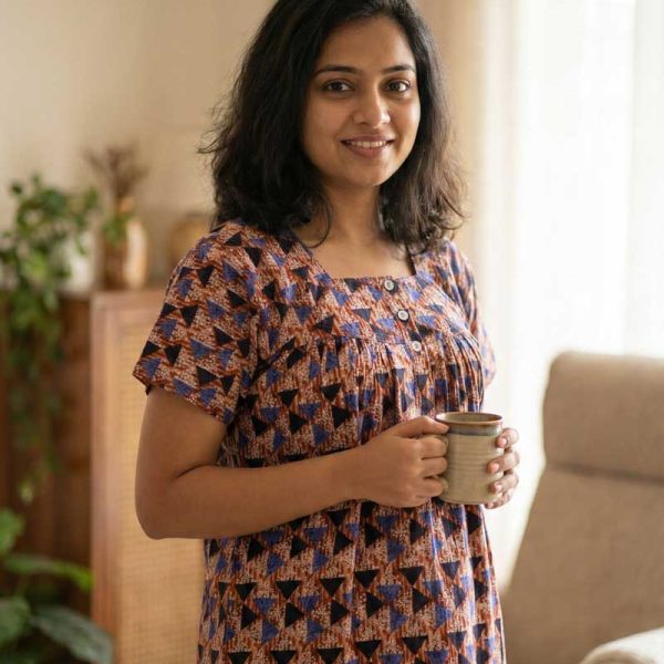 Front Open Cotton Nighty With Buttons, 55 Inches Long  - Blue