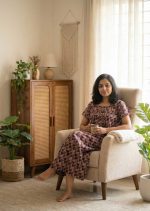 Front Open Cotton Nighty With Buttons, 55 Inches Long  - Blue - Image 2