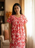 Traditional cotton nighty, 55 Inches Long - Peach