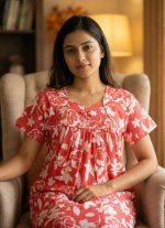 Traditional cotton nighty, 55 Inches Long - Peach - Image 4