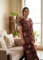 Traditional ajrak cotton nighty, 55 Inches Long - Maroon - Image 2