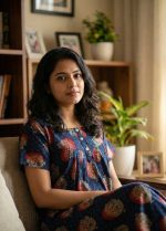 Front open Ajrak cotton nighty, 55 Inches Long - Dark Blue