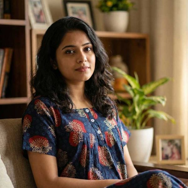 Front open Ajrak cotton nighty, 55 Inches Long - Dark Blue