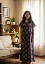 Front open Ajrak cotton nighty, 55 Inches Long - Dark Blue - Image 2