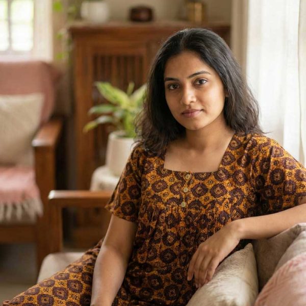 Front Open Cambric Cotton Nighty With Buttons, 55 Inches Long - Yellow + Brown