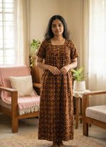 Front Open Cambric Cotton Nighty With Buttons, 55 Inches Long - Yellow + Brown - Image 2