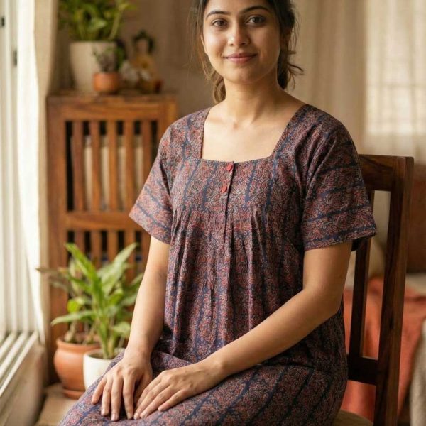 Front Open  Cotton Nighty With Buttons, 55 Inches Long