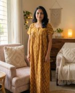 Front Open Cotton Nighty With Buttons, 55 Inches Long - Yellow - Image 2