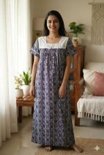 Front Open Cotton Nighty With Buttons, Hakoba yoke, 55 Inches Length - Blue Colour - Image 2