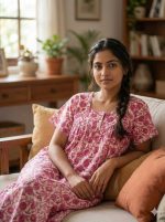 Front Open Cotton Nighty With Buttons, 55 Inches Long, Cream + Pink colour