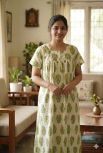 Front Open Cotton Nighty With Buttons, 55 Inches Long, Square Neck - Green + White - Image 2