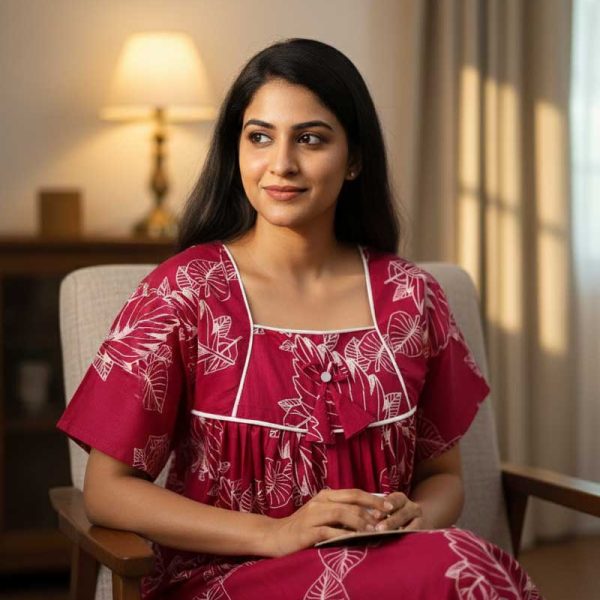 Traditional cotton nighty, 55 Inches Length - Majenta Colour