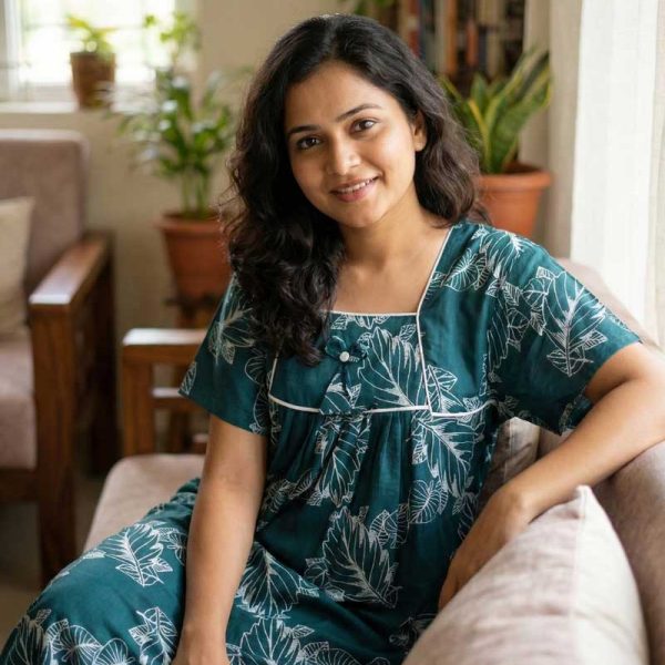 Traditional Cotton Nighty, 55 Inches Length - Green