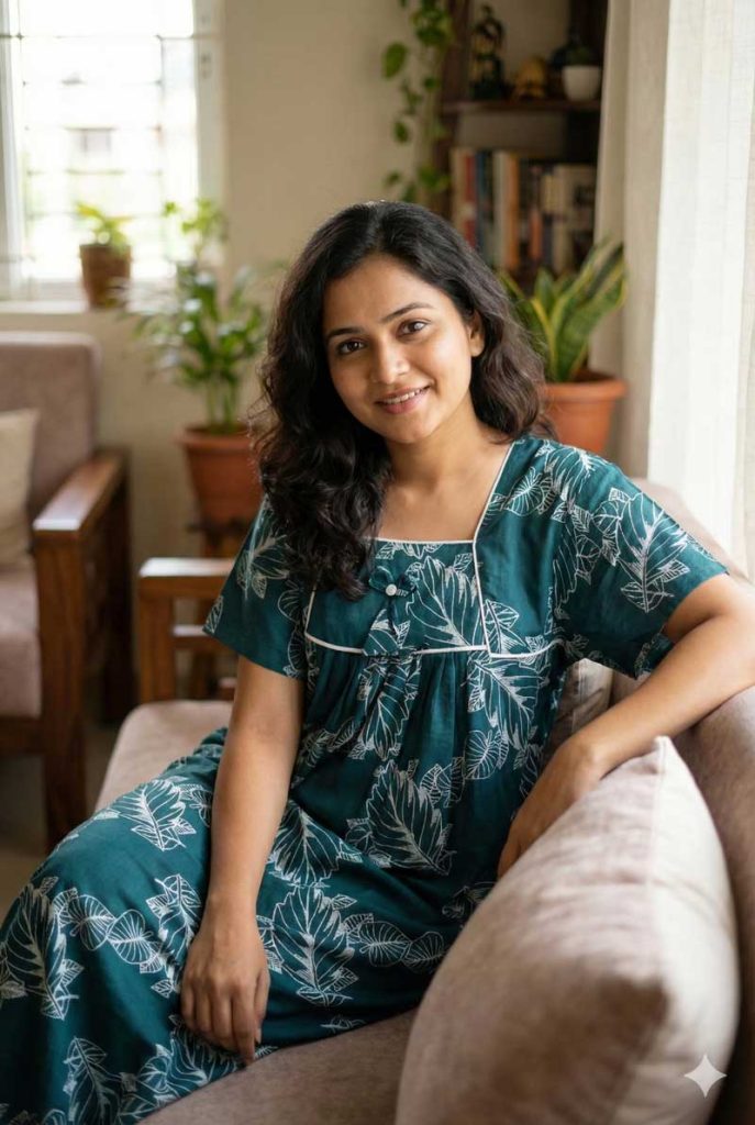 - Front Open Nighty With Pleats Stitching