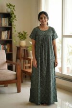 Traditional cotton nighty, Thali detailing on neck, 55 Inches Length - Green colour - Image 2