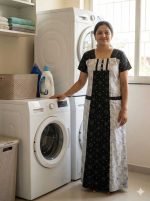 Comfortable Churidar Model Cotton Nighty with Buttons - 55 Inches Long - White and Black - Image 2