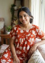 Front Open Cotton Nighty With Buttons, 55 Inches Long, Square Neck - Orange Brown