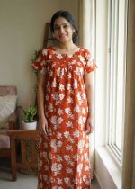 Front Open Cotton Nighty With Buttons, 55 Inches Long, Square Neck - Orange Brown - Image 2