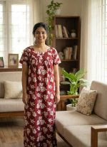 Front Open Cotton Nighty With Buttons, 55 Inches Long, Square Neck - Maroon - Image 2