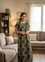 Front Open Cotton Nighty With Buttons, 55 Inches Long, Square Neck - Olive Green - Image 2