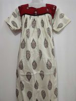 Front Open Cotton Nighty With Buttons, 55 Inches Long, Cream + Red colour - Image 5