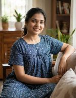 Traditional cotton nighty, Thali detailing on neck, 55 Inches Length - Dark blue colour