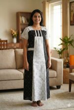 Comfortable Churidar Model Cotton Nighty with Buttons - 55 Inches Long - Black and White - Image 2