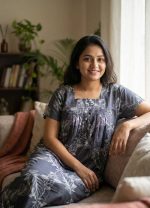 Front Open Cotton Nighty With Buttons, 55 Inches Long, Square Neck - Ash