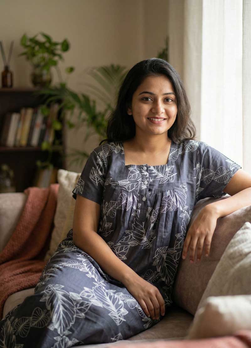 110 Front Open Cotton Nighty With Buttons, 55 Inches Long, Square Neck - Ash - Image 1