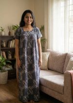 Front Open Cotton Nighty With Buttons, 55 Inches Long, Square Neck - Ash - Image 2