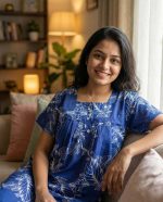 Front Open Cotton Nighty With Buttons, 55 Inches Long, Square Neck - Blue