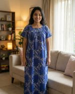 Front Open Cotton Nighty With Buttons, 55 Inches Long, Square Neck - Blue - Image 2