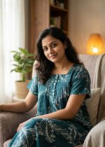 Front Open Cotton Nighty With Buttons, 55 Inches Long, Square Neck - Green