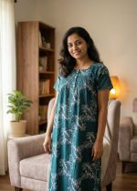 Front Open Cotton Nighty With Buttons, 55 Inches Long, Square Neck - Green - Image 2