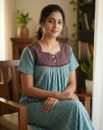 Front Open Cotton Nighty With Buttons, 55 Inches Long, Square Neck - Light Green