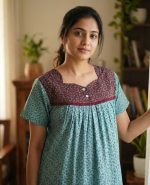 Front Open Cotton Nighty With Buttons, 55 Inches Long, Square Neck - Light Green - Image 5