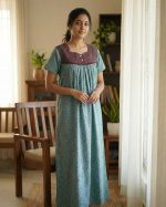 Front Open Cotton Nighty With Buttons, 55 Inches Long, Square Neck - Light Green - Image 2