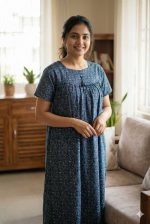 Traditional cotton nighty, Thali detailing on neck, 55 Inches Length - Dark blue colour - Image 2