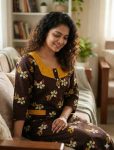 Comfortable Churidar Model Cotton Nighty with Buttons, Hakoba Yoke, 3/4th Sleeves - 55 Inches Long - Coffee Brown