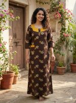 Comfortable Churidar Model Cotton Nighty with Buttons, Hakoba Yoke, 3/4th Sleeves - 55 Inches Long - Coffee Brown - Image 2