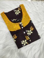 Comfortable Churidar Model Cotton Nighty with Buttons, Hakoba Yoke, 3/4th Sleeves - 55 Inches Long - Coffee Brown - Image 3