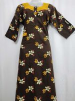 Comfortable Churidar Model Cotton Nighty with Buttons, Hakoba Yoke, 3/4th Sleeves - 55 Inches Long - Coffee Brown - Image 4