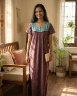 Front Open Cotton Nighty With Buttons, 55 Inches Long, Square Neck - Maroon - Image 2