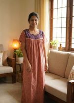 Front Open Cotton Nighty With Buttons, 55 Inches Long, Square Neck - Light Peach - Image 2