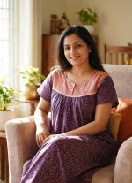 Front Open Cotton Nighty With Buttons, 55 Inches Long, Square Neck - Violet