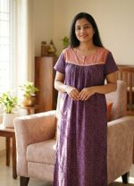 Front Open Cotton Nighty With Buttons, 55 Inches Long, Square Neck - Violet - Image 2