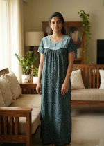 Front Open Cotton Nighty With Buttons, 55 Inches Long, Square Neck - Dark Green - Image 2