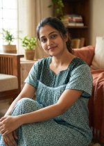 Front Open Cotton Nighty With Buttons, 55 Inches Long, Square Neck - Light Green