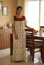 Front Open Cotton Nighty With Buttons, 55 Inches Long, Cream + Red colour - Image 3