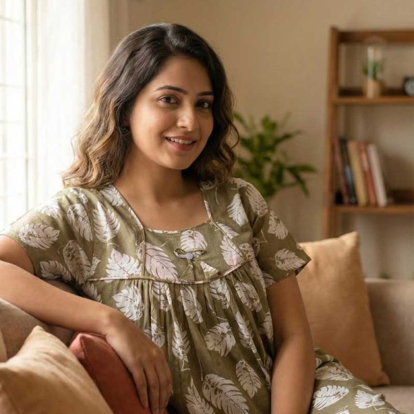 Traditional cotton nighty, Thali detailing on neck, 55 Inches Length - Olive green colour